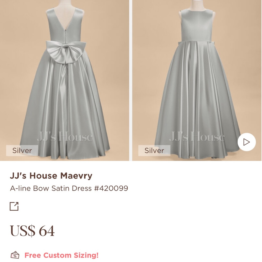 Two JJs House Silver Satin A-line flower girl Dress with Bow